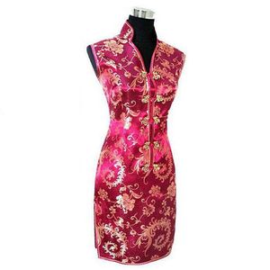 Bourgogne traditionnel chinois Lady Dress Mujeres Vestido Femme Satin Col en V Mini Cheongsam Qipao Taille S M L XL XXL XXXL JY012-7319H