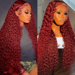 Burgundy Transparent Deep Wave Lace Frontal Wig 13x4 Red Color Brazilian Remy T Part Wig Curly Human Hair Wigs for Women