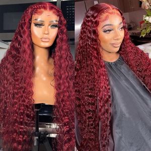 Peluca Frontal de encaje de onda profunda transparente Borgoña 13x4 pelucas de cabello humano rizado brasileño Remy parte en T de color rojo para mujeres
