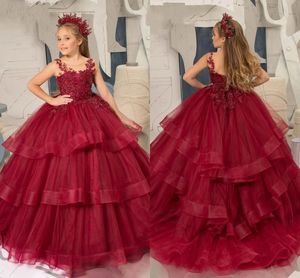 Robes de reconstitution historique en tulle bordeaux pour petite fille, col transparent, appliques en dentelle, robe de princesse à plusieurs niveaux perlées, dos nu, robe formelle d'anniversaire pour enfants en bas âge CL0030