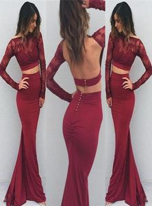 Bourgondië twee stukken jurken avondkleding 2017 kanten pure nek sexy open rug lange mouwen prom jurk zeemeermin knop terug goedkoop par8598200