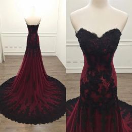 Robe De bal sirène en velours bordeaux et dentelle noire, sans bretelles, moderne et élégante, robes De soirée formelles pour femmes