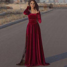 Bourgondië Velvet Caftan Avond Echte Zwart Lace Dubai Formele feestjurken Longo Prom -jurken