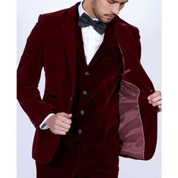 Bourgondië Velvet Mannen Suits 2019 Slim Fit 3 Stuk Blazer Tailor Made Wine Red Groom Prom Party Tuxedo Jacket Broek Vest