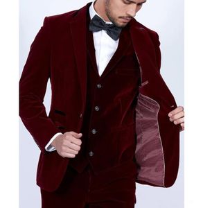 Bourgondië Velvet Men Wedding Suits 2019 Slim Fit 3 -delige blazer Tailor Made Wine Red Bruidegom Prom Party Tuxedo Jacket Pants Vest8534688