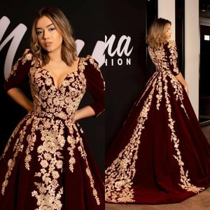 Robes de bal en velours bordeaux Kaftan Caftan robe de soirée formelle demi-manche 2019 or luxe dentelle appliques arabe Dubaï Abaya robes d'occasion