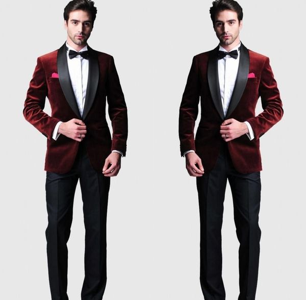 Bourgogne Velours Slim Fit Marié Tuxedos Costumes De Mariage Sur Mesure Garçons D'honneur Meilleur Homme Costumes De Bal Pantalon Noir (Veste + Pantalon + Arc)