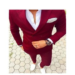 Burgundy Wedding Man Suits Slim Fit Double Breasted Goom Tuxedos Prom Suits 2-delig colberts Pants247j