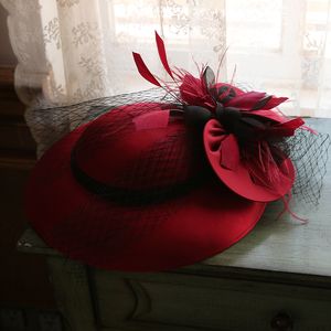 Chapeau de mariage en voile blanc bordeaux, maille de fleur féerique, chapeau Fedora élégant pour dames, couvre-chef de mariée, 2020321C