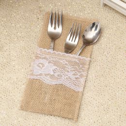 Jute bestek Houder Vintage Shabby Chic Jute Kant Servies Pouch Fork Mes Pocket Party Decoration W7220