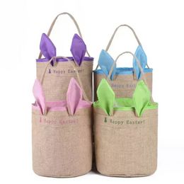 Jute happy paasmand met konijnenoren manden jute bucket tas tas schattige paaseieren cadeau diy handtas konijn oren opbergtassen 0109