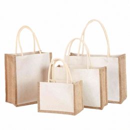 Toile de jute Jute Tote Shop Sac réutilisable Sac d'épicerie résistant à l'eau de grande capacité Sac à main pique-nique Voyage Beach Shopper Sacs fourre-tout s4Yf #