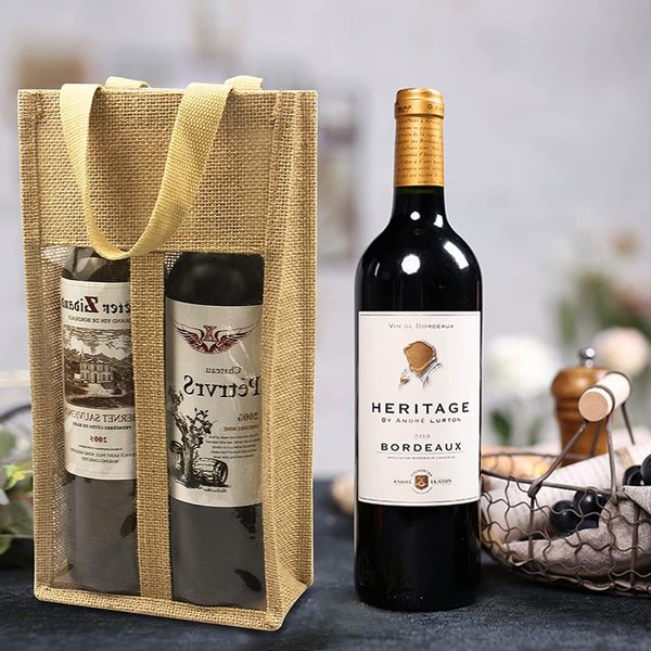 Bolsas de vino de arpillera con asas para botellas de vino, regalos, bolsas de mano de vino tinto con doble ventana, bolsa de yute ecológica a granel