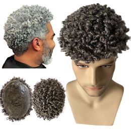 Systèmes de cheveux humains vierges birmans 10mm bouclés # 1b50 gris noeuds de peau mince PU toupet 8x10 perruque masculine pour vieux hommes noirs