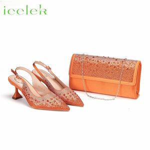 Burn Orange 2023 Italiaans design luxe damesschoenen en portemonnee volledige diamantdecoratie handtas met grote capaciteit 231220