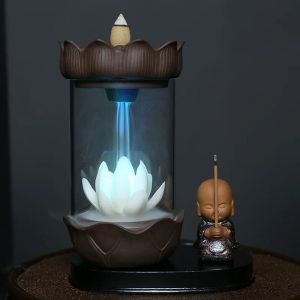 Brûleurs à couleur changeante lumière LED coupe-vent cascade brûleur d'encens Zen paisible moine Lotus porte-bâton d'encens porte-bonheur décoration de la maison