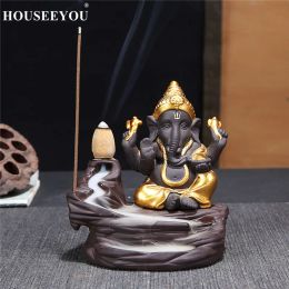 Brûleurs Ganesha brûleur d'encens à reflux éléphant dieu emblème de bon augure et de succès encensoir à cône en céramique décor à la maison