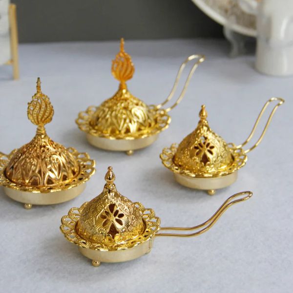 Brûleurs d'encens en métal doré, brûleur d'arôme portatif arabe du moyen-orient, chandelier à double usage
