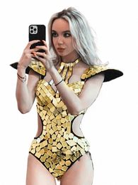 Burning Man Festival vrouw sexy bikini spiegel bodysuit dans kostuum goud Sier pailletten vliegen schouder uitgehold Rave U9dD #