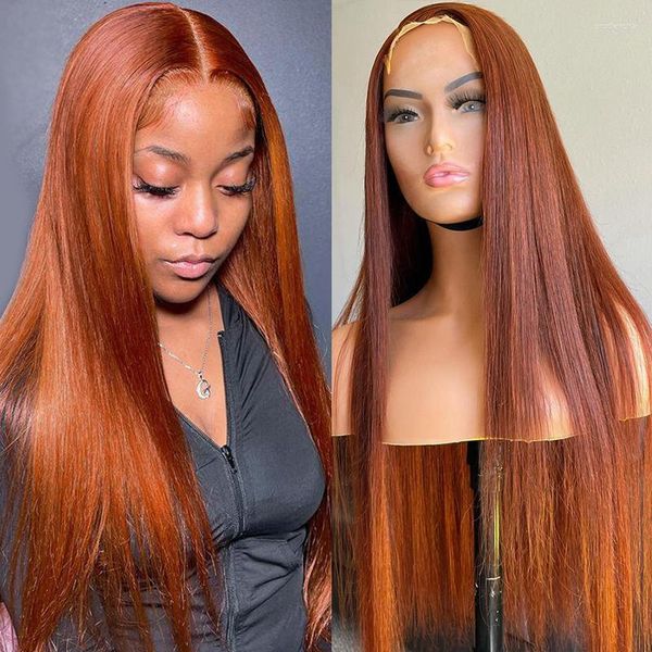 Pelucas de cabello humano con frente de encaje naranja quemado 13x4, Remy liso para mujeres, Color jengibre, peluca peruana con 4 cierres, prearrancada