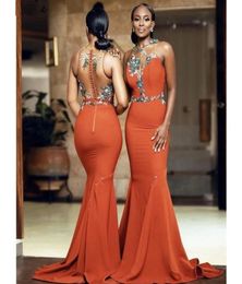 Vestidos de dama de honor de sirena de color naranja quemado ASO EBI Africano Sexy Sheer Back Apliques Cuentas con botón Cubierto Trompeta larga Maid1101349
