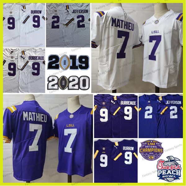 BURREAUX # 9 BURROW Camiseta de fútbol LSU Tigers Púrpura 2 Justin Jefferson College Jerseys Odell Beckham Jr. Burreaux 9 Joe Burrow Tryann Mathieu Blanco CAMPEONES