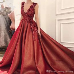 Enterrer les robes de bal en ligne de ligne en V en V 3D Fleurs 3D Fleurs islamiques Dubaï Saudi Arabe longue robe formelle robes de soirée Robe Vestidos 0430