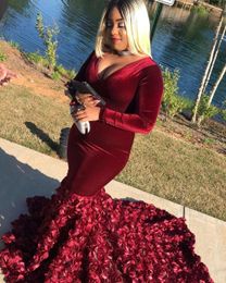 Bury Dark Red 3d Floral Rose Mermaid Avond Jurken Dragen Veet lange mouwen V Neck Plus Size Pageant Dress Prom feestjurken