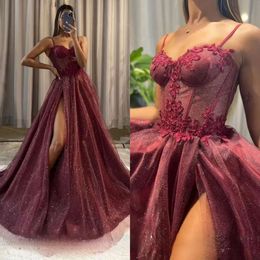 Bury prom jurk illusie lijfje sexy bot high split avond elegante appliques glitter een lijn feestjurken voor speciale ocns es