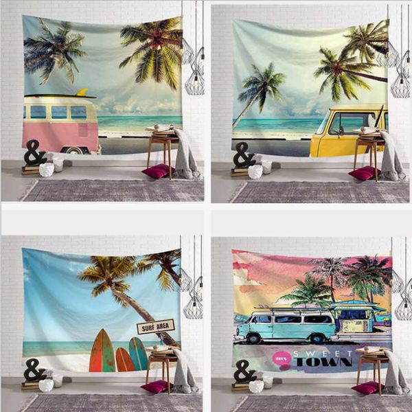 Bus Palm Tree Beach Tapisserie Mince Polyester Océan Mur Suspendu Pique-Nique Tapis Couverture Thème El Chambre Décorer Home Room Décor 210609