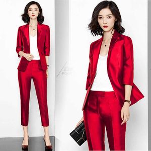 Blazers de negocios Trajes Estilo Mujer Elegantes con muescas Rojo Rosa Blazers y pantalones delgados Twinsets OL Conjunto de ropa negra NS75 210927