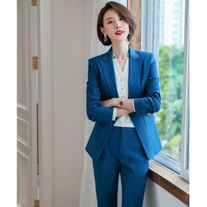 Business Blue Jacket Vrouwelijke Mode Temperament Host Pak Hoge Kwaliteit Kantoor Dames Grote Maat Herfst Broek Set 210527