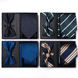 Cravates bleues d'affaires pour hommes, boutons de manchette, foulard, nœud papillon papillon, accessoires de mariage, coffret cadeau