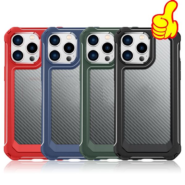 Étuis d'affaires en fibre de carbone pour iPhone 15 14 Plus 13 Pro Max 12 X XR XS 8 7 6 SE2 SE3 Hybride Antichoc Dur PC TPU Clair Hommes Hit Couleur Vertical Clair Couverture Arrière De Téléphone Portable