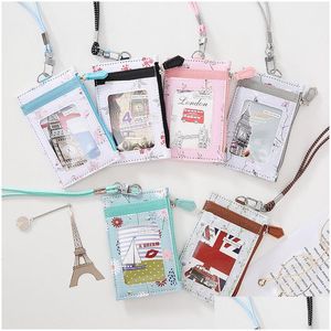 Fichiers de cartes de visite Impression de fleurs en cuir Pu Holderschool Cards Bag Neck Strap With Lanyard Holiday Birthday Gift Drop Delivery Offic Dhaii