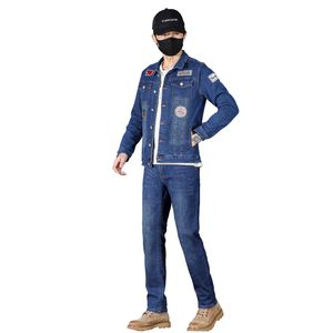 Conjunto de insignia informal de negocios para hombre, chaqueta de manga larga ajustada elástica y pantalones vaqueros, trajes de mezclilla de 2 uds, ropa de calle sencilla clásica