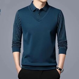 Polo d'affaires décontracté et fin pour hommes, chemise à manches longues rayée à revers avec boutons, mode coréenne, hauts 240318