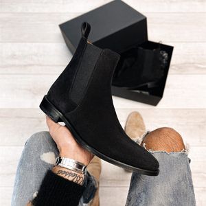Zakelijke kudde handgemaakte zwarte laarzen mannen schoenen enkel slip op mode comfortabel af fashi
