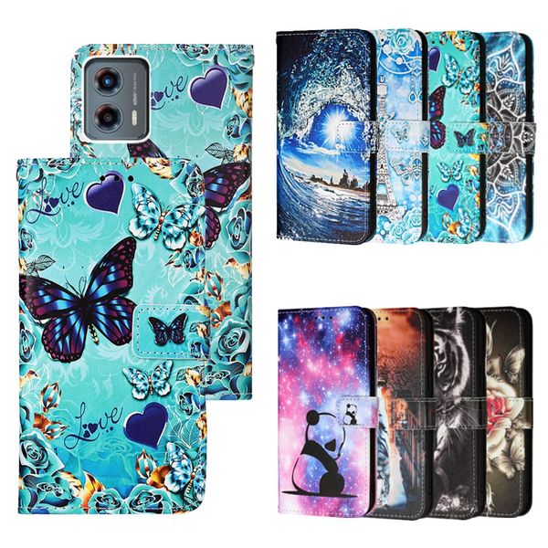 Étuis portefeuille en cuir de fleurs pour Samsung S24 Ultra Plus A05 A05S A15 Moto G 5G Power Stylus 2023 Lace Butterfly Panda Tower Animal Holder Flip Cover Print PU Pouch Strap