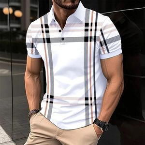 Polo d'affaires pour hommes, décontracté, manches courtes, hauts, motif à carreaux, bouton imprimé, t-shirt, vêtements amples, chemises de golf à la mode, 240320