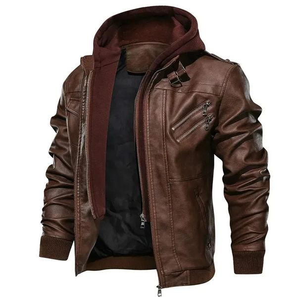 Business Slim Zipper Moto Veste En Cuir Hommes Marque Militaire À Capuchon PU Vestes En Cuir Automne Manteau Plus Taille S-5XL 231221