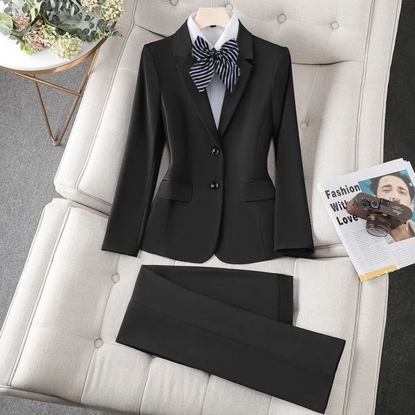 Costume d'affaires noir bleu marine, Blazer à col cranté, pantalon crayon, costume formel pour femmes professionnelles, tenues 240305