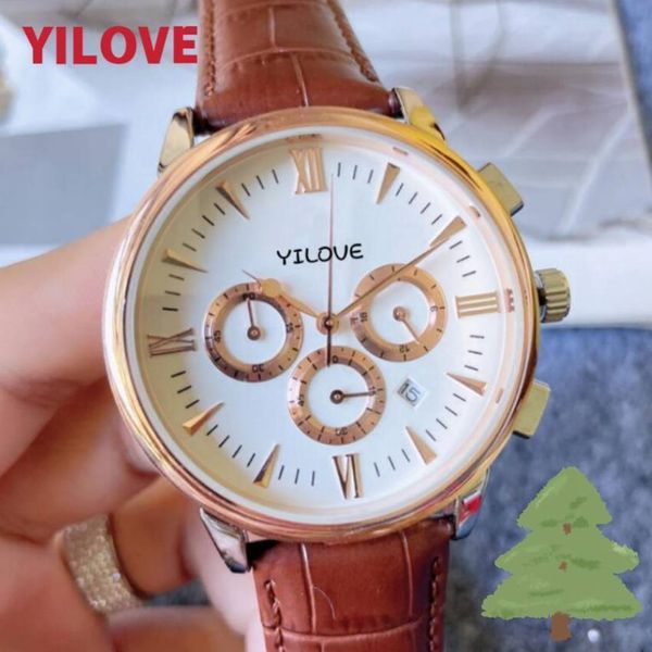 Business Suisse Montre en cuir véritable 45mm Quartz haut de gamme Mouvement importé Cadran rond Horloge Calendrier Hommes Cadeaux de luxe fonctionnels Montres-bracelets