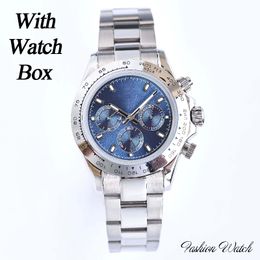 Watch Watch en acier inoxydable Dial bleu m￩canique Mouvement automatique Men les femmes Regardez le chronographe ￩tanche stable et style atmosph￩rique avec bo￮te de montre