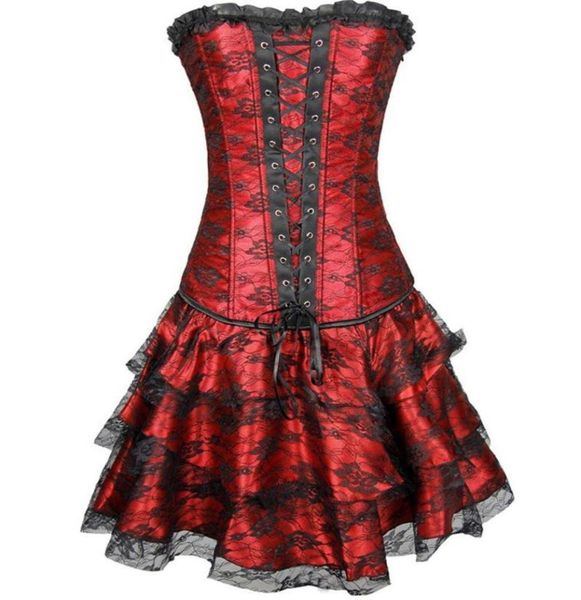 Bustiers Corsés Conjunto de 2 piezas Vestido sexy Mujer Tallas grandes Traje de encaje Overbust Corsé burlesco Falda Victorian Bustier Corselet9160865