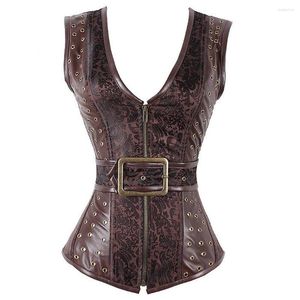 Bustiers Corsets 2023 marron Steampunk Corset vêtements gothiques Sexy Jacquard PU cuir acier désossé boucle zippée et