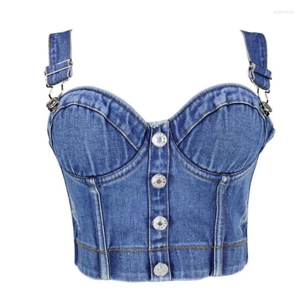 Bustiers Corsets 2023 Moda Sexy Denim Mujeres Botón Bustier Bra Night Club Party Recortada Top Chaleco Tops Rave Festival Push Up Corset Tank