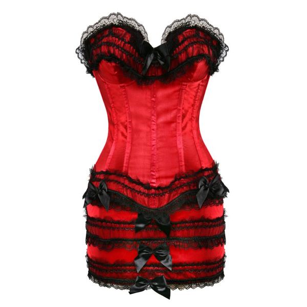 Bustiers Corsets Corset Busiter avec lacets en Satin rouge fermeture éclair désossée dentelle latérale et Mini jupe à nœud grande tailleBustiers