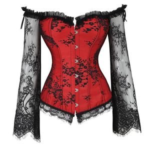 Bustiers Corsés Corsé Top Bustier Lencería Mujeres Con Mangas Largas Renacimiento Más Encaje Floral Disfraces Sexy Burlesque Rojo Negro