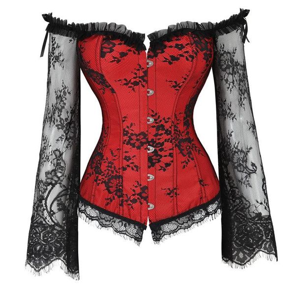 Bustiers Corsets Corset Top Bustier Lingerie Femmes À Manches Longues Renaissance Plus Dentelle Floral Sexy Costumes Burlesque Rouge Noir